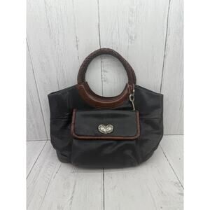 Fossil Black Brown Leather Bag Purse Heart Key Tag Braided Handle Vtg No Strap